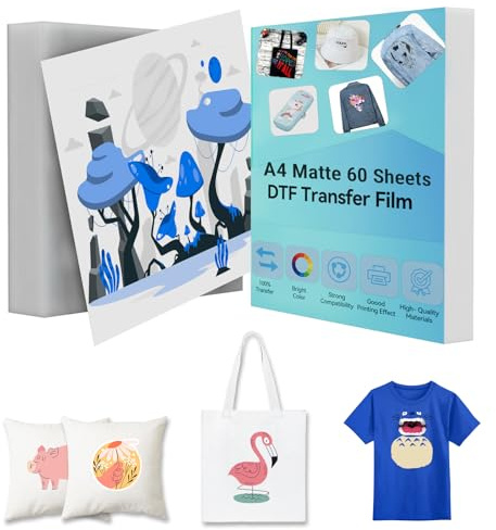 Creatorally Papier Transfert DTF A4, 60 Feuilles Mat Double Face Film de Transfert Thermique Pet pour Sublimation Rojets d'impression DIY, Compatible avec Toutes Les Imprimantes à Jet d'encre
