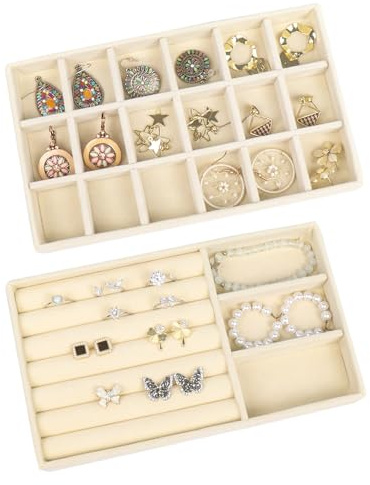 Nwvuop 2 Pack Schmuck Organizer Tablett, Stapelbare Samt Schmucktabletts Ohrring Organizer für Schublade, Schmuckaufbewahrung für Ring, Ohrring, Halskette, Beige