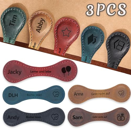 3 Stück Personalisierte Leder Magnetische Lesezeichen,Benutzerdefinierte Graviert Vintage Lesezeichen mit Namen/Texte/Logos,DIY Geschenke für Buchliebhaber,Familie,Freunde,Lehrer (Leder)