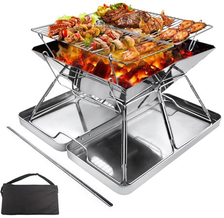 Hanviter Hoguera portátil para acampar: parrilla plegable de acero inoxidable con caja de transporte de hierro, estufa de camping para picnic, barbacoa, hoguera, patio, jardín al aire libre