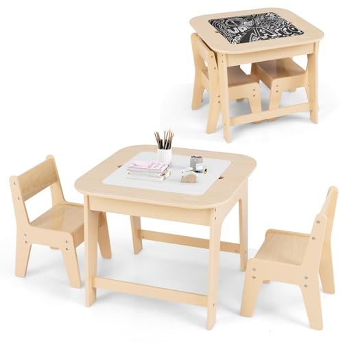 RELAX4LIFE Set Tavolo e 2 Sedie per Bambini, con Lavagna a Doppia Faccia e Spazio per Giocattoli, Tavolino Multiattività in Legno con 2 Sedie per Bambini da 3-6 Anni, per Cameretta (Naturale)