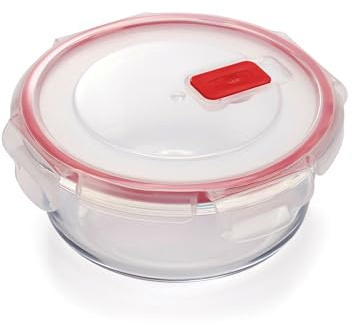 CURVER Round 0.6L Food Storage Glass Containers with Lids - Borosilicate Glass, 4-Clip Lock Airtight Food Containers with Lids, Oven & Freezer Safe