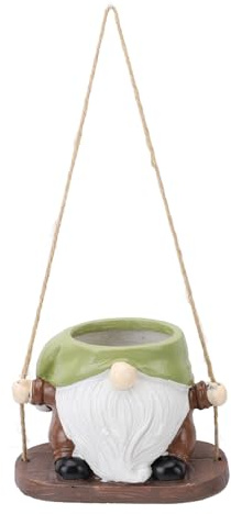 Segrehy Swing Plant Pot Resin Cute Faceless Gnome Figurine Decorative Hanging Planter for Indoor Outdoor Garden Decor (Green Brown)