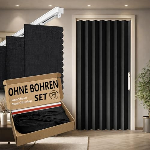 Jilron 100% Blickdichter Türvorhang – Faltbares Akordion-Design mit Magnetverschluss & Klebemontage ohne Bohren, inkl. Schiene – Für Terrassentüren oder Glastüren, Schwarz, 201x180 cm