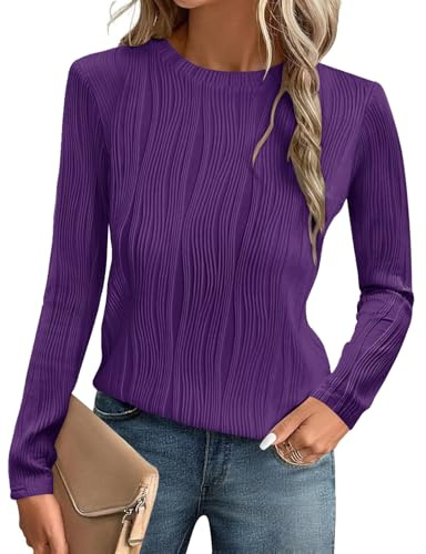 Gemulate Fall Winter Basic Tops Full Sleeve Striped Blouses Casual Work Blouses Shirts for Women Ladies Warm Going Out Clothes Tunic Dark Purple L