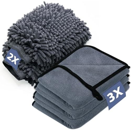 EOPUOZS Lot de 5 chiffons de nettoyage et gants microfibre, 600 g/m², extra absorbants, 40 x 30 cm