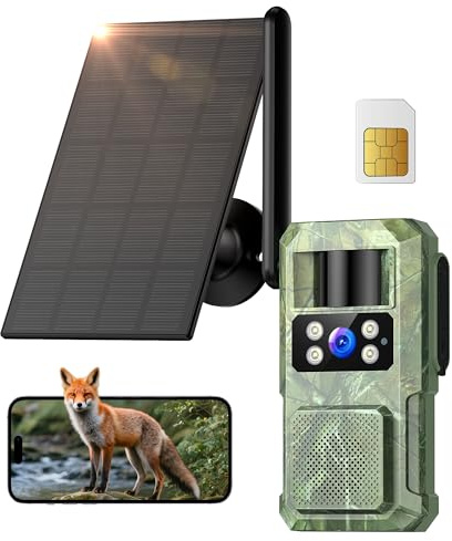 BECAMSO 4G LTE Camara Fototrampeo Solar: 2.7K HD Cámara de Caza Vigilancia Exterior - Color Visión Nocturna Trampa Cámaras con Tarjeta SIM 8000 mAh Batería IP66 Impermeable
