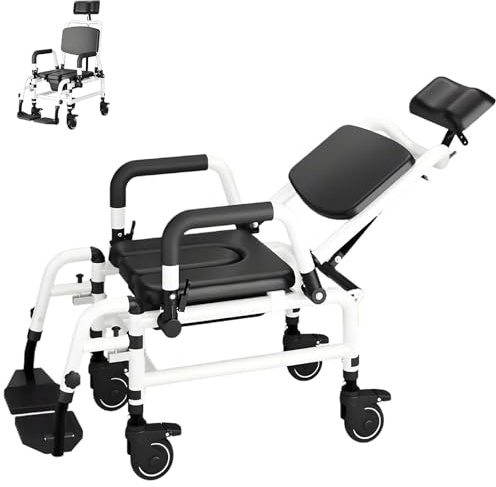 Silla WC Personas Mayores, Silla de Ducha con Ruedas Multifunción, Reposapiés Plegable, Asiento Ajustable y Respaldo Ajustable, Apto para Adultos Mayores, Postoperatorios y Personas con Discapacidad
