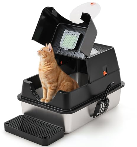 The Fellie Stainless Steel Cat Litter Box, Cat Litter Tray with Lid, Kitten Litter Tray with Top Entry, Large Litterbox, Detachable, Easy Clean&Odor Control, with Filter, Scoop&Mat, Black,60x40x39cm
