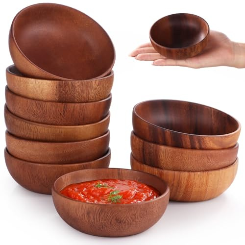 Lot de 10 petits bols ronds en bois d'acacia fabriqués à la main, parfaits pour servir des apéritifs et des condiments