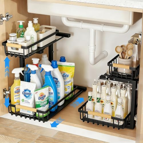 Extra Wide Under Sink Organiser 2 Tier Pull Out - Adjustable Height Sliding Cabinet Shelf for Kitchen Bathroom Cupboard - Heavy Duty Metal Storage Rack with Anti-Slip Base, 2 Pack - Black