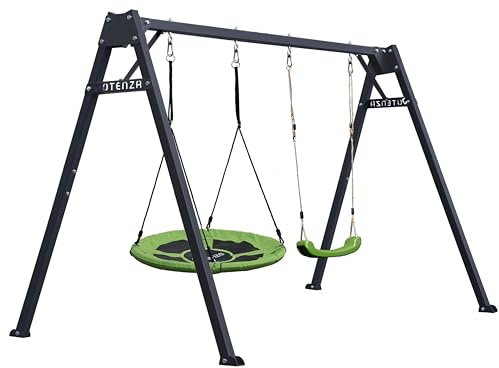 Potenza Kinderschaukel Verzinktes Schaukelgestell Metall Doppelschaukel für Kinder und Hängematte Gartenschaukel bis 200 kg belastbar Schaukelgerüst 250x207 cm (Basic Graphit + Grünes Set)