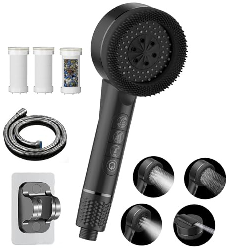 Pommeau de Duche Haute Pression,Pommeau Douche Economie Deau 4 Types de Jets Pommeau de Douche Anti Calcaire avec Tuyau Douche 1.5M et Support de Douche, avec Bouton D'arrêt D'eau Dark black