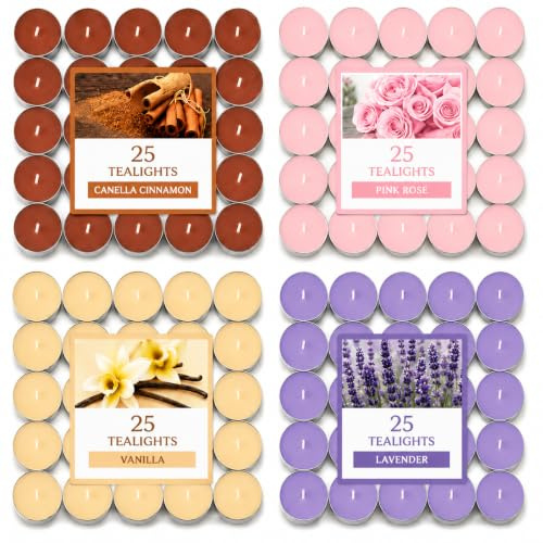 Scented Tealight Candles 100 Pack | Mixed Fragrance Set – Lavender, Vanilla, Cinnamon & Frosted Cherries | Long Burning Decorative Tea Lights for Home, Parties & Relaxation