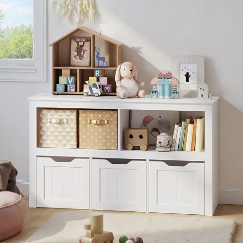 Blishom Armadietto per Riporre Giocattoli per Bambini, Libreria in Legno con 3 Cassetti con Ruote, 2 Scomparti Aperti, per Soggiorno, Camera da Letto e Stanza dei Giochi, 102 x 30 x 60 cm (Bianco)