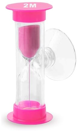 2 Minute Sand Timer with Suction Cup, Small Pink Acrylic Hourglass Sand Watch, Plastic Glass Mini Sandglass for Toothbrush Classroom Games Kitchen (Pink)