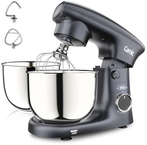 Camic Robot Pâtissier avec 3 Accessoires (Pétrissage, Mélange, Fouet), Robot Patissier avec écran LED, Minuterie, 10 Vitesses, 2 Bols en Acier Inoxydable (4 L + 5 L), pour Pâte, Pain, Pizza, Pâteaux