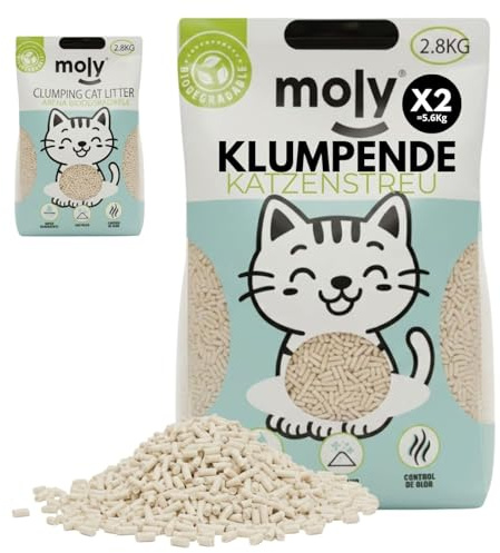 MOLY x2 Arena para Gatos Carbón Activo Biodegradable 5,6 KG 7,4 L | Arena Ecológica Vegetal de Bambú y Maíz Aglomerante | Alta Absorción y Bajo Polvo | Lecho Natural Compostable | Control de Olores