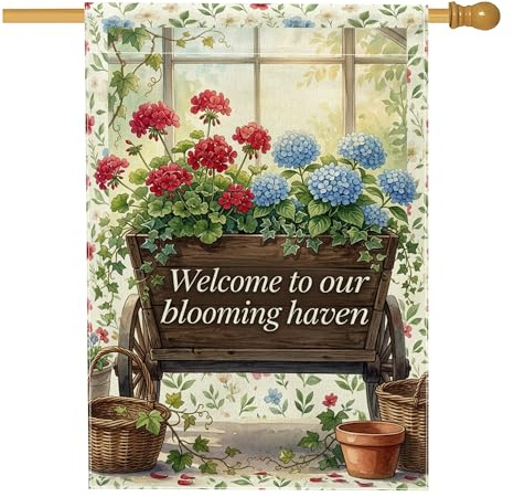 Drapeau de maison en géranium, jardin rustique hortensia lierre rouge printemps double face toile de jute extérieur grand drapeau de jardin pour extérieur, cour, pelouse, terrasse, porte, entrée 71,1