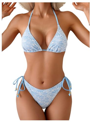 GORGLITTER Women's Floral Triangle Bikini Sets for Women UK Halter String Tie Side Bikinis 2 Piece Beach Pool Resort Swimsuits Light Blue Small