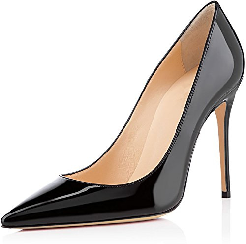 Elashe Women's Stiletto Heel Slip on Pumps High Heel 10 CM 4 Pouces Closed Toe Pointed Toe en Cuir Verni Noir pour Wedding Bride Party & Élégance Urbaine