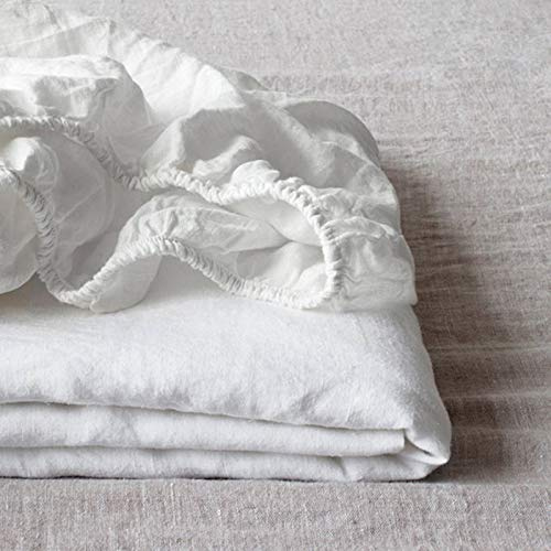 Simple&Opulence King Size Fitted Sheets, 100% Natural Linen Bed Sheet with 35cm Deep Pocket, Breathable Cozy Mattress Protector for Summer (White,150x200cm)