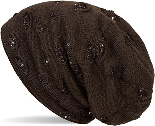 styleBREAKER Varm finstickad beanie mössa med destroyed paljetter utseende och mjukt fleecefoder slouch lång beanie, dam 04024127, Mörkbrun, En Storlek