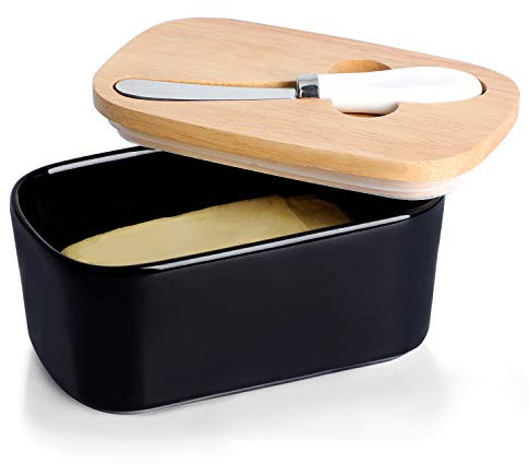 GDCZ 1908.284 Ceramics Butter Dish - Large Porcelain Butter Holder with Beech Wooden Lid and Steel Knife(2 Sticks of Butter)，Black