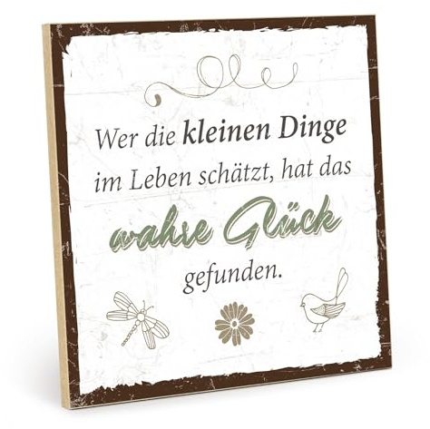 TypeStoff Holzschild mit Spruch – KLEINE DINGE, DAS WAHRE GLÜCK – im Vintage-Look mit Zitat als Geschenk und Dekoration - HS-00628