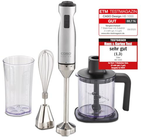 Caso HB 1000 Design Stabmixer inkl. Pürierstab, Testsieger: Haus & Garten Test, Schneebesen, Messbecher und Behälter, 1000 Watt, Aluminium, Silber, Schwarz