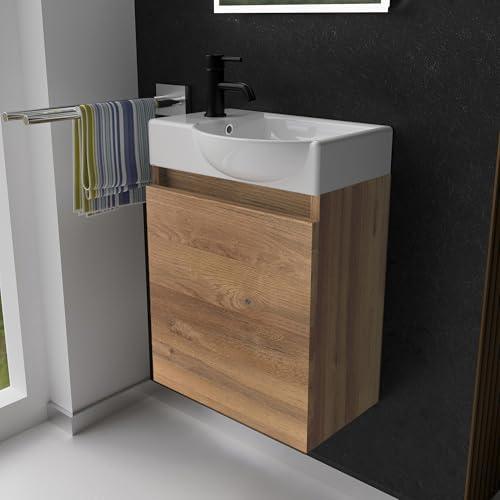 Alpenberger Waschbecken mit Unterschrank Gäste WC 45 cm hängend Bamboo | Kleiner Waschtisch mit Unterschrank: Keramik & MDF, wandhängend, Softclose Tür, mit Überlauf, für kleine Bäder, Rechts Becken