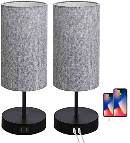 LANMOU 2 Stück Nachttischlampe Touch Dimmbar, Moderne Tischlampe LED mit 2 USB-Anschlüssen, E26 Schlafzimmer Tischleuchte mit Stoff Lampenschirm Grau, 3 Helligkeitsstufen Einstellbar,2 usb