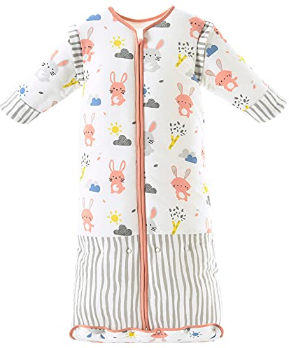 Chilsuessy Winter 3.5 Tog Kinder Schlafsack mit abnehmbaren Ärmeln Bio Babyschlafsack für Jungen und Mädchen von 1 bis 10 Jahre alt, Rosa Häschen, L (100-130 cm)