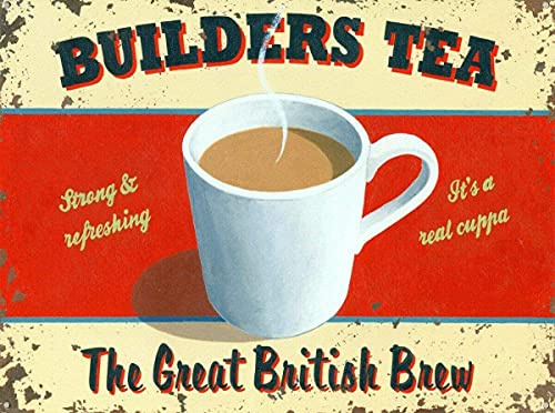 BigBazza Vintage Advertising Wall Tin Plaque 20x15cm - Pub Shed Bar Man Cave Home Bedroom Office Kitchen Gift Metal Sign - Retro Strong Builders Tea Real Cuppa Coffee Shop Café Restaurant Food Red
