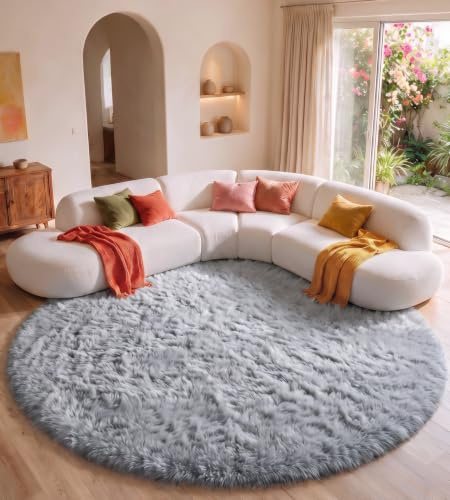 MARATIP Teppich Kinderzimmer Grau Ø 100 cm Flauschig | Hochflor-Teppich, waschbar, rutschfest, kuschelig. Ideal für Schlafzimmer, Spielzimmer und Wohnbereich.