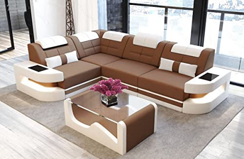 Sofa Como Ecksofa - mit LED Beleuchtung, verstellbare Kopfstützen, Mikrofaser/Ausrichtung wählbar (Ecke Links, Weiss-Hellbraun)