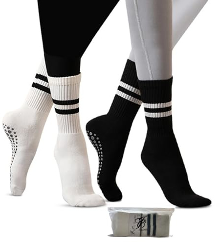 JCZANXI Yogastrumpor med grepp för kvinnor, halkfria greppstrumpor för yoga, pilates, barre, dans | Idealiska vadderade crew-strumpor, Randig svart/vit, one size