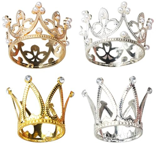 BLMHTWO 4 topper per torta a forma di corona dorata, argento, piccola corona, regina, mini copricapo da principessa, mini diadema, decorazione per torte da donna, ragazza, matrimonio, a tema reale