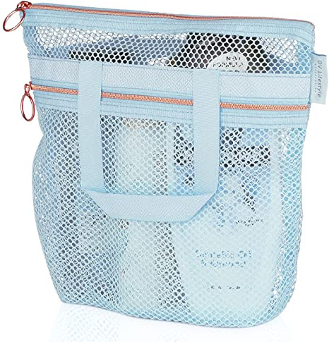 DV Lifestyle Mesh Shower Bag 25 x 26cm Caddy with Zipper & 2 Pockets. Quick-Dry Portable Toiletry Tote for Bathroom, Gym, Travel, Camp, Beach, for Sunscreen, Dorm & College Essentials (Blue)