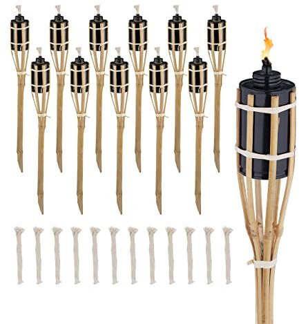 Relaxdays Fiaccole da Esterno, Alte 50 cm, Set da 12 Torce Olio in bambù per Giardino Illuminazione Outdoor, Color Legno
