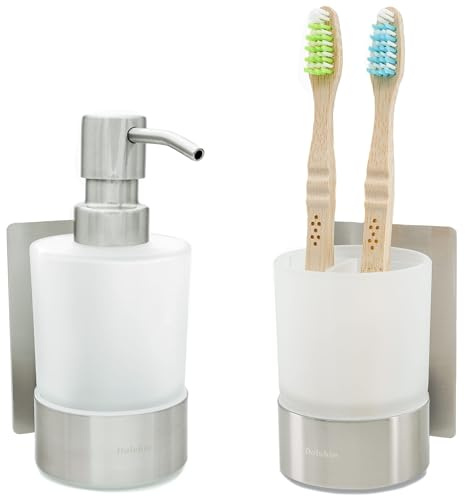 Dolvhin® Set Dispenser Sapone e Bicchiere Bagno | Dosatore Liquido & Portaspazzolino Vetro Satinato | Supporto Inox Senza Forare | Dispenser Adesivo da Parete | Set Accessori Bagno | Grigio Argento
