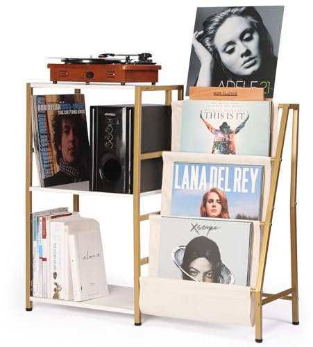 HYCFYJR Giradischi Porta Vinili, Mobile Giradischi con Porta Vinili 3 livelli, Porta Vinili da Mobile con Now Playing Vinyl Stand, Mobile Giradischi per Soggiorno, Oro Bianco
