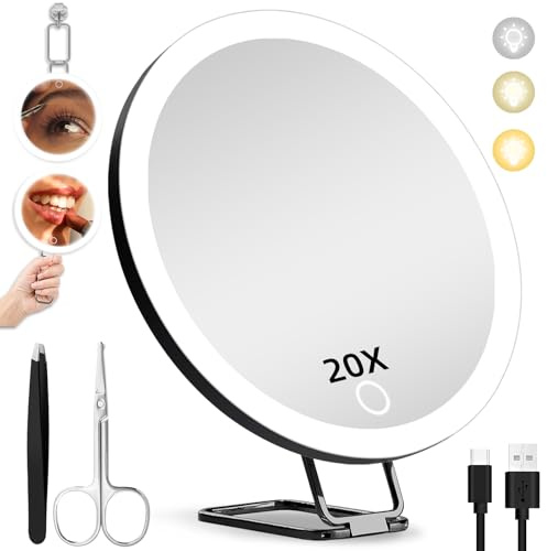 20X Magnifying Mirror with Lights, 6inch Handheld Makeup Magnifying Mirror