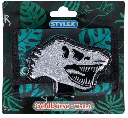 Stylex 47070-Portafoglio per Bambini con Disegno, Colori Verde e Nero e Una Toppa Argentata a Forma di Dino, Circa 12,5 x 9 x 2,5 cm, Multicolore, 47070