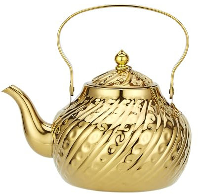 SANQIAHOME 2000 ml Tetera de acero inoxidable con infusor,antiguo,Oro,Adecuado para hornos de inducción o gas