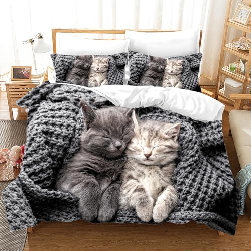 KAIDAARTLH Katze Bettwäsche Set 135x200cm, Katzenmotiv Mikrofaser Bettbezug, 3D-Druck Bettwäsche-Sets 3teilig mit Reißverschluss, für Mädchen Jungen (B, 135x200cm)