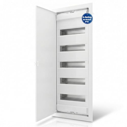 Intratec Cuadro Eléctrico Empotrado 5 Filas – Caja de Distribución IP40 para 60 Módulos con Puerta Metálica Blanca y Carril DIN para Instalaciones Eléctricas Interiores – 346 x 94 x 842mm