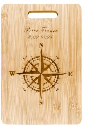 Tagliere Da Cucina In Legno Di Bamboo Personalizzato Con Incisione Nome e Data Fantasia Bussola Idea Regalo Accessori Originali Compleanni Ricorrenza Bambù