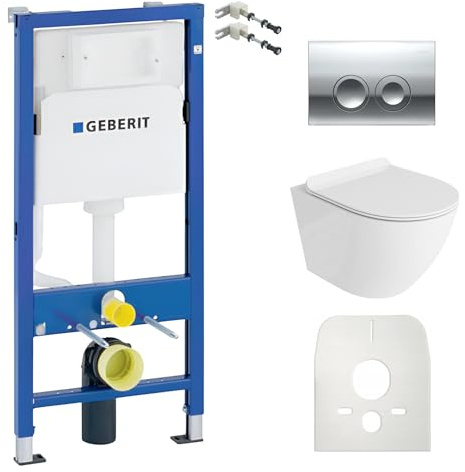 Lavita Duofix Basic - Elemento da parete + lavabo da parete per WC Sofi, colore bianco, senza bordi e sedile WC + pannello di controllo Delta 25 cromato con pulsante completo, set completo da incasso