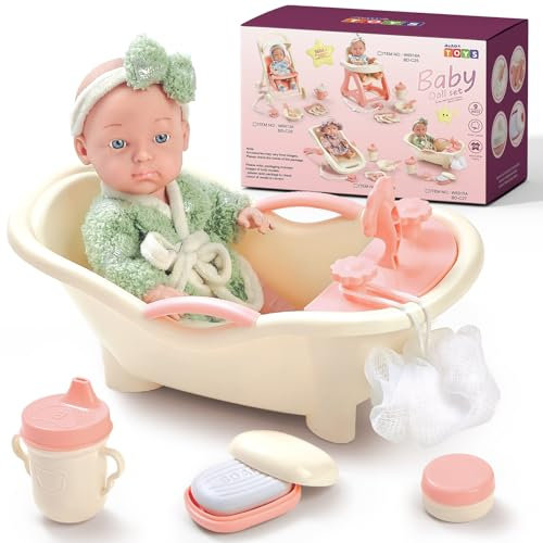 deAO 5.9 Inch Baby Doll Bath Set with Green Velvet Bath Robes & Washcloths, Bath Toys Set Includes Baby Bathtub, Soap, Bottles, Bath Balls, Removable Clothes, Ideal for Bath Time Play Gift for Kids 3+